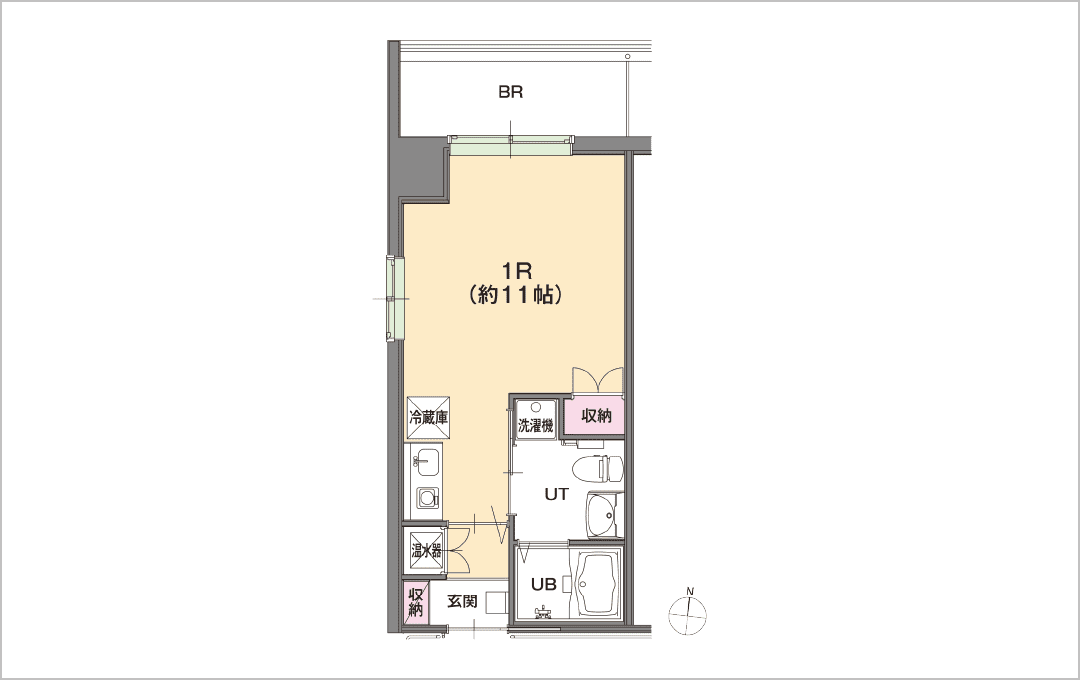 1R ワンルーム【3～7F】26.80～27.57m²：間取り1