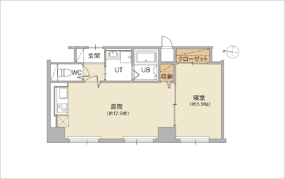 1LDK【11～12F】 43.79m²～45.41m²：間取り1