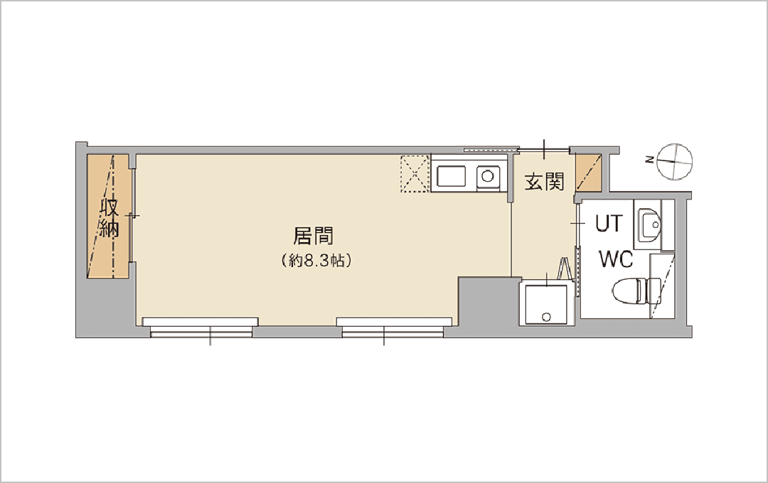 1R ワンルーム【6～7F】25.52m²～25.98m²：間取り1