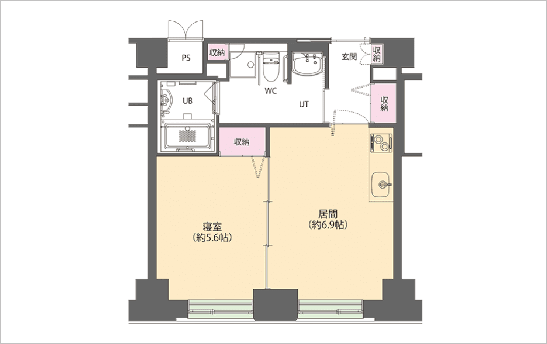 1DK【8～10F】 36.21～38.24m²：間取り1