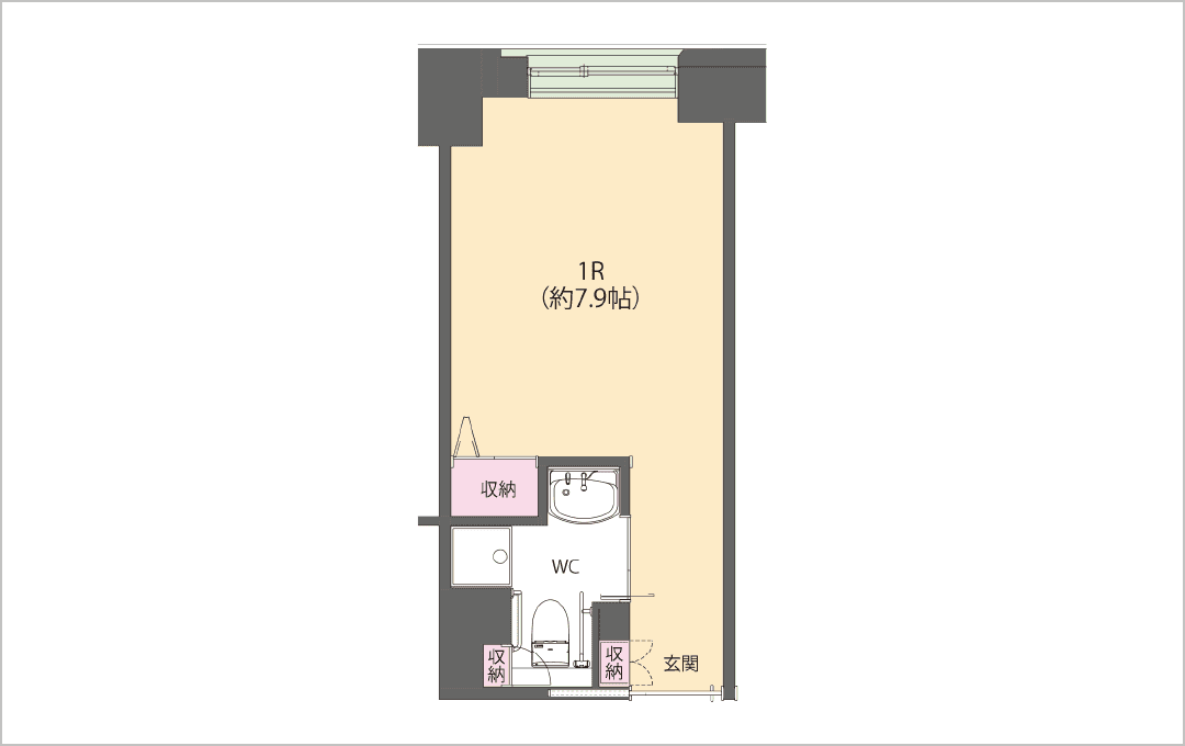 1R ワンルーム【3～7F】18.52～20.69m²：間取り1