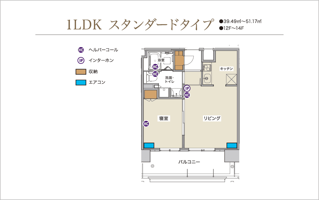 1LDK スタンダードタイプ【12～14F】 39.49～51.17m²：間取り2